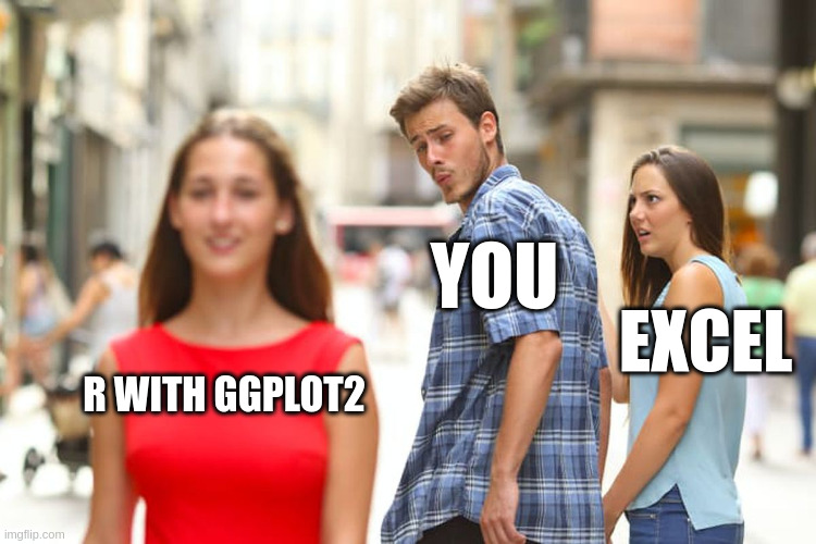 Distracted boyfriend meme where the boyfriend (You) is looking at R and ggplot2, ignoring his girlfriend (Wrestling with Excel).